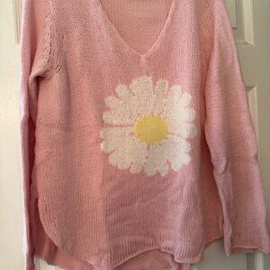 Wooden Ships V Neck Pink Flower Sweater, Size Medium/Large